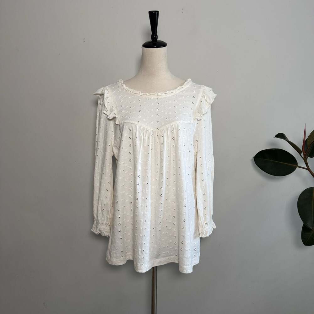 FatFace Long Sleeve Eyelet Ruffle Blouse Top Ivory White Size 10